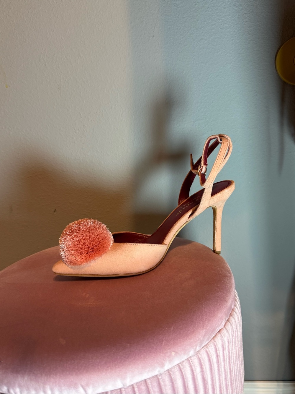 kate spade Coral Pink Suede Pom-Pom Ankle-Strap Heels size 6 - Picture 4 of 9